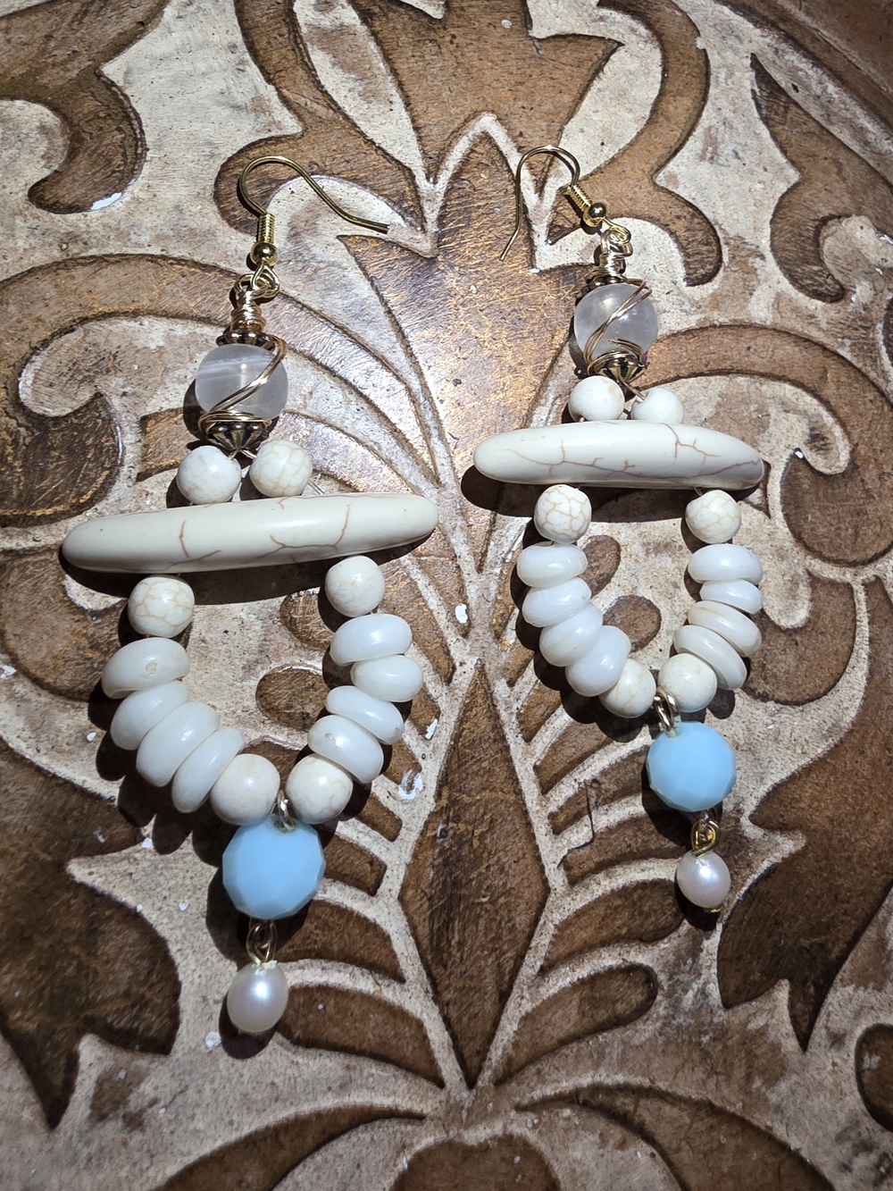 Handcrafted White & Light Blue Beaded Drop Earrings